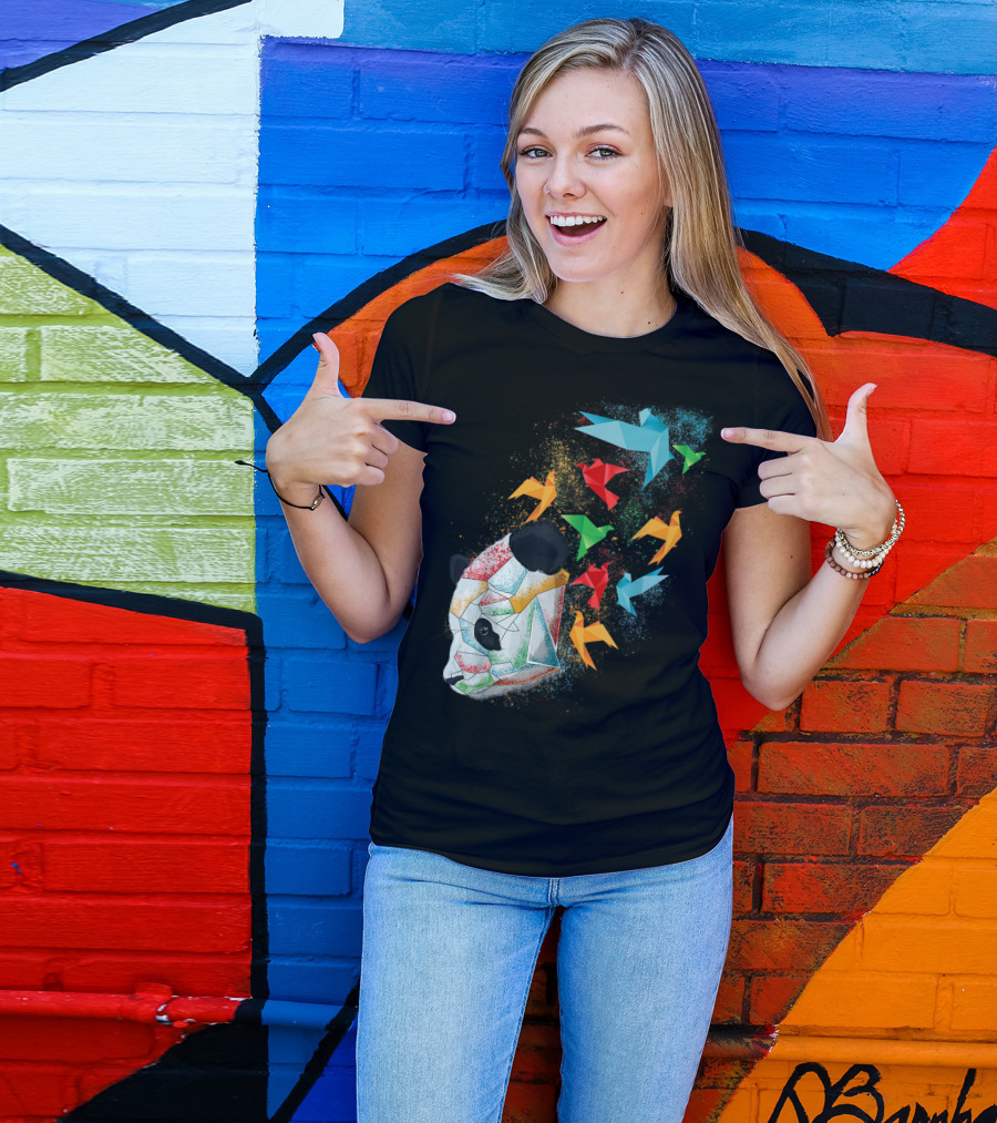 Panda Bear With Colorful Origami Birds Flying In Folded Paper T-Shirt