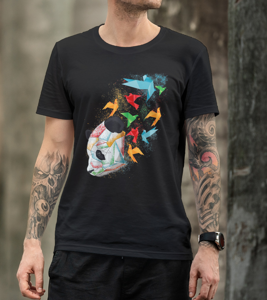 Panda Bear With Colorful Origami Birds Flying In Folded Paper T-Shirt