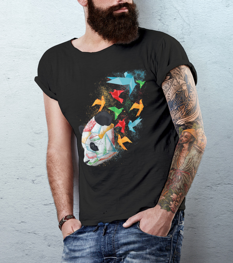 Panda Bear With Colorful Origami Birds Flying In Folded Paper T-Shirt