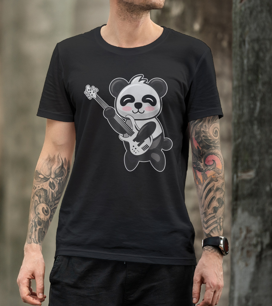 Panda Bear Playing Bass Guitar Double Bass Cute Cartoon Musical Panda T-Shirt