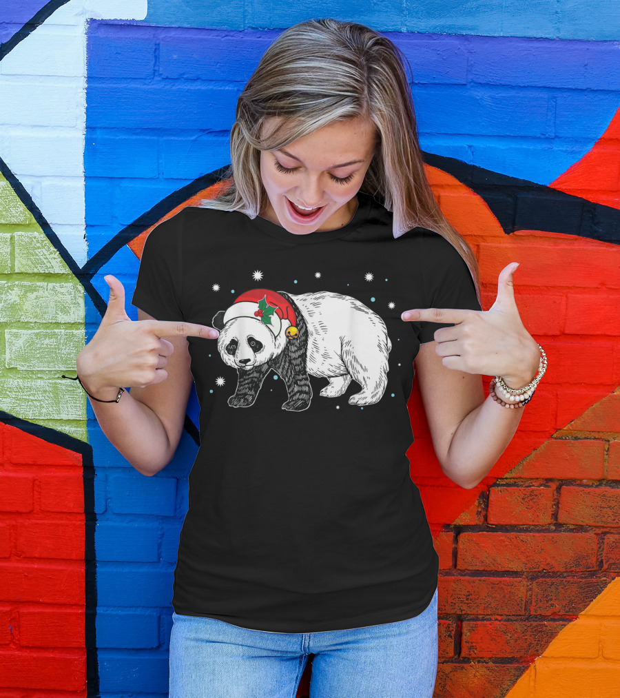 Panda Bear With Santa Hat And Bell For Animal Lovers T-Shirt