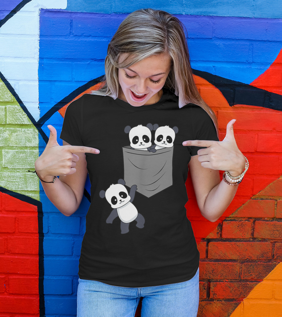 Panda Kawaii Anime Pocket Cute Baby Panda Bear Trio T-Shirt