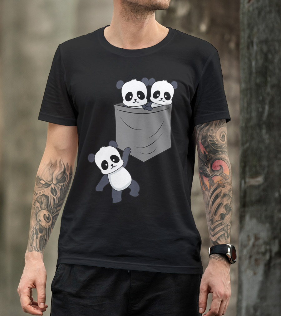 Panda Kawaii Anime Pocket Cute Baby Panda Bear Trio T-Shirt