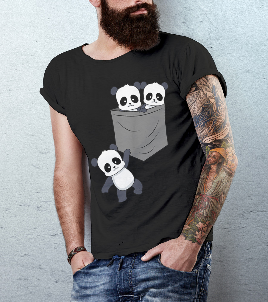 Panda Kawaii Anime Pocket Cute Baby Panda Bear Trio T-Shirt