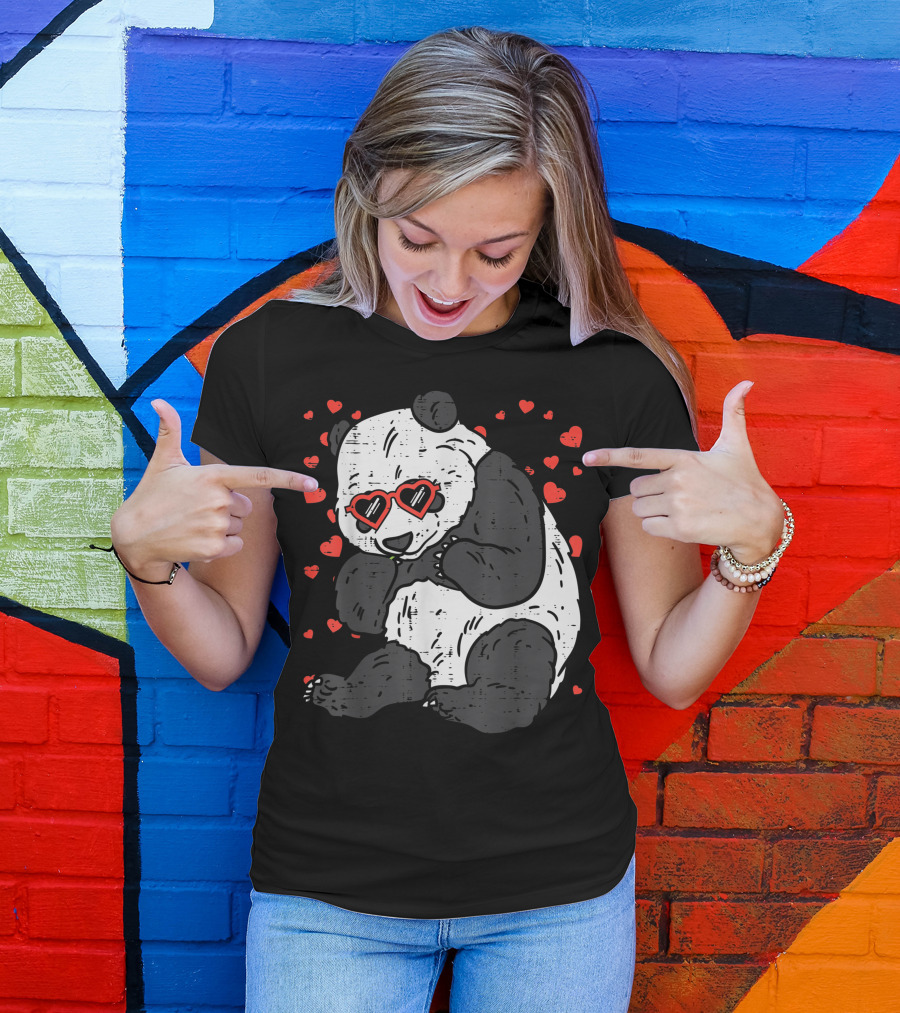 Panda Bear With Heart Glasses Surrounded By Red Hearts Valentine's Day Animal T-Shirt