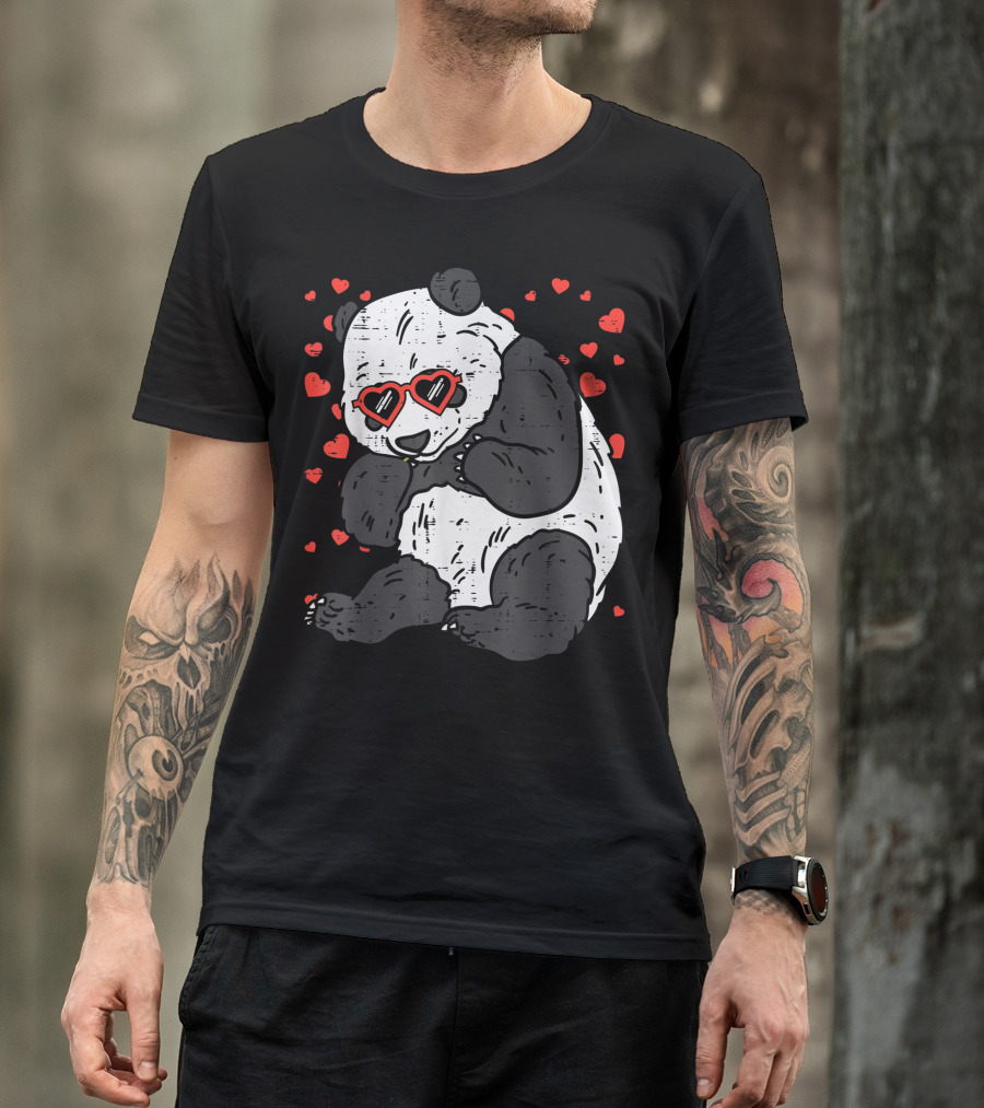 Panda Bear With Heart Glasses Surrounded By Red Hearts Valentine's Day Animal T-Shirt
