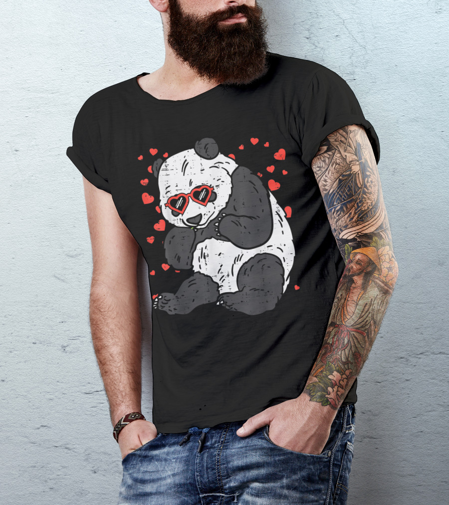 Panda Bear With Heart Glasses Surrounded By Red Hearts Valentine's Day Animal T-Shirt