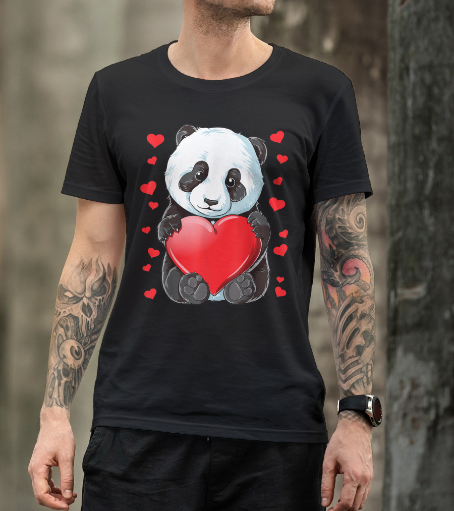 Panda Heart Valentines Day Girls Kids Women Bear Lover Cute Red Hearts T-Shirt