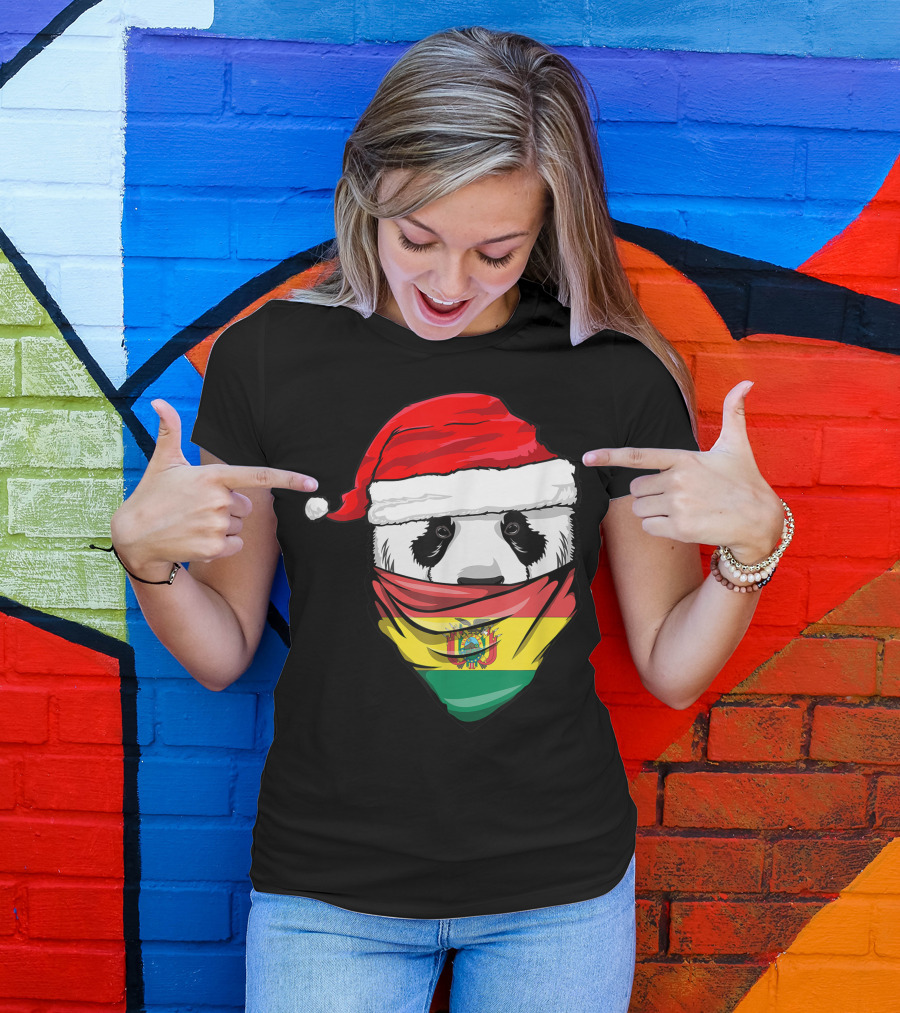 Panda Wearing Santa Hat And Bolivia Flag Bandana T-Shirt