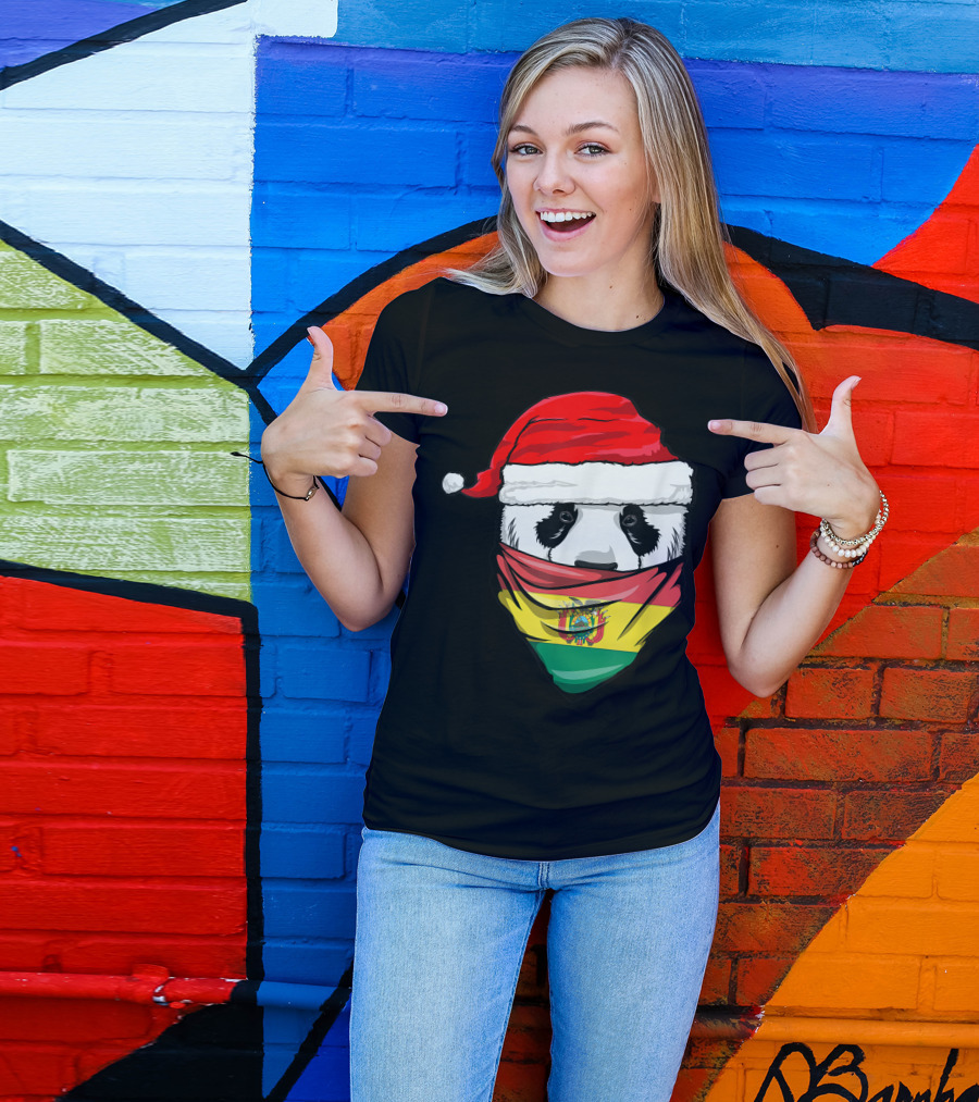 Panda Wearing Santa Hat And Bolivia Flag Bandana T-Shirt
