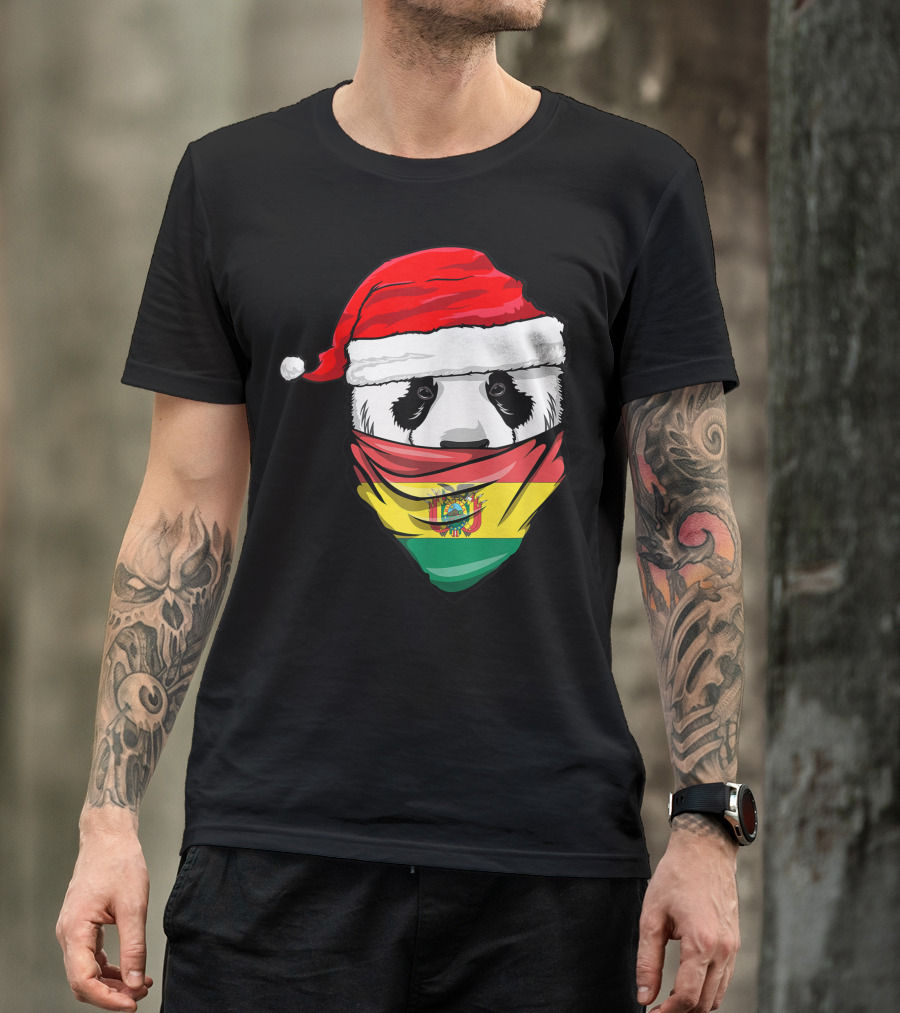 Panda Wearing Santa Hat And Bolivia Flag Bandana T-Shirt