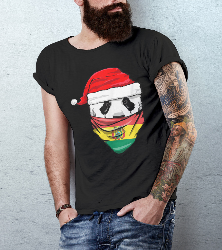 Panda Wearing Santa Hat And Bolivia Flag Bandana T-Shirt