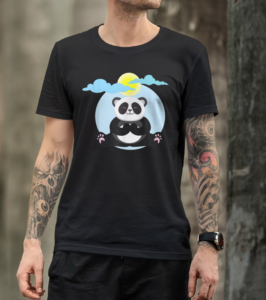 Panda Yoga Meditation Namaste Under Sun And Clouds T-Shirt