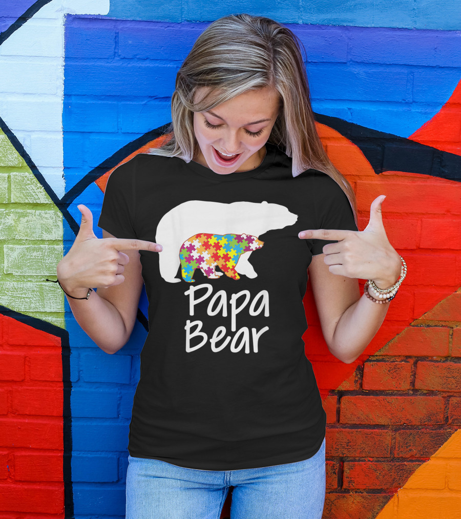Papa Bear Autism Awareness Rainbow Puzzle T-Shirt