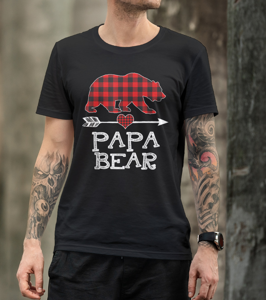 Papa Bear Red Plaid Buffalo Christmas Family Arrow Heart T-Shirt