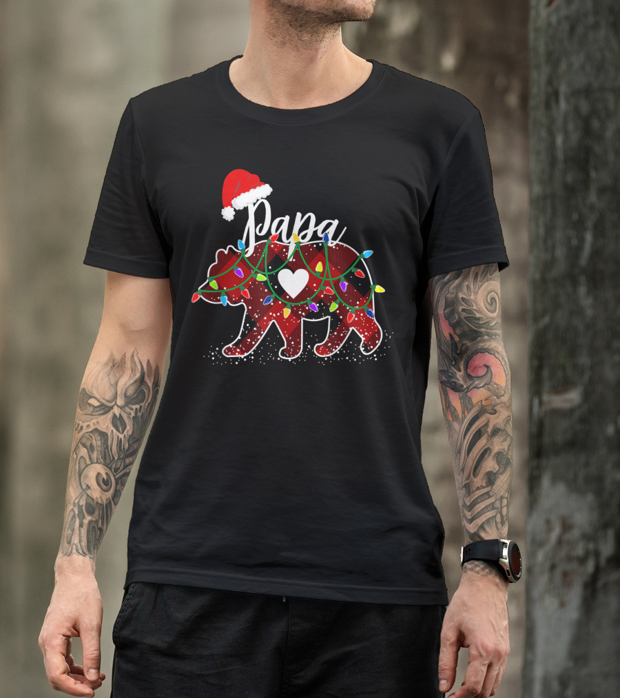 Papa Bear Christmas Red Buffalo Plaid Santa Hat Lights T-Shirt