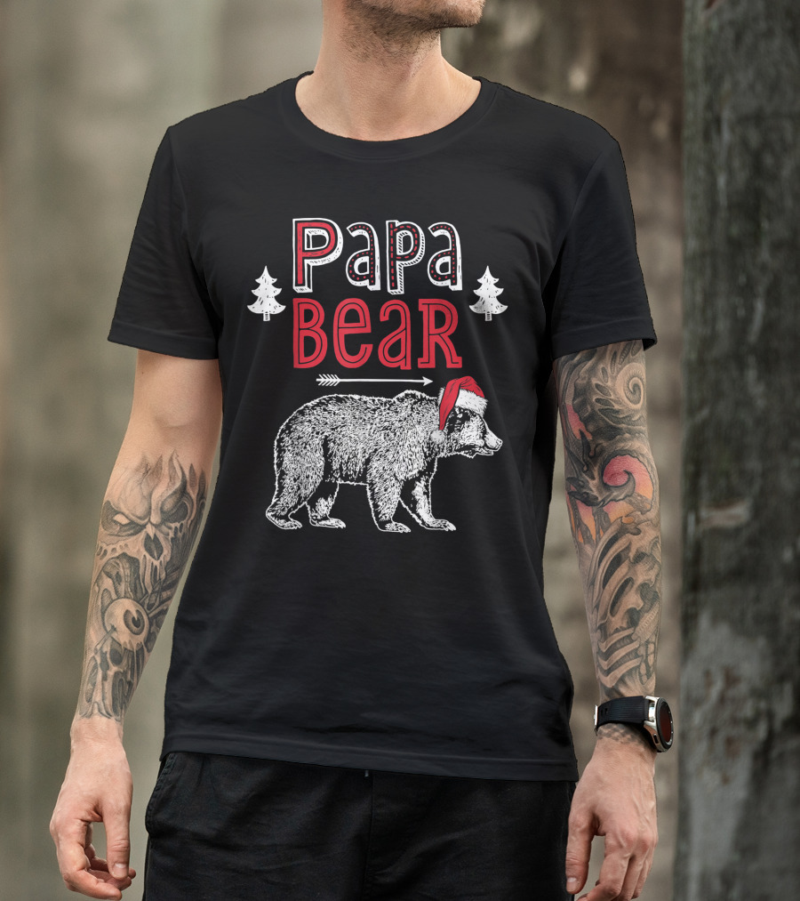 Papa Bear Santa Hat Christmas Family Trees T-Shirt