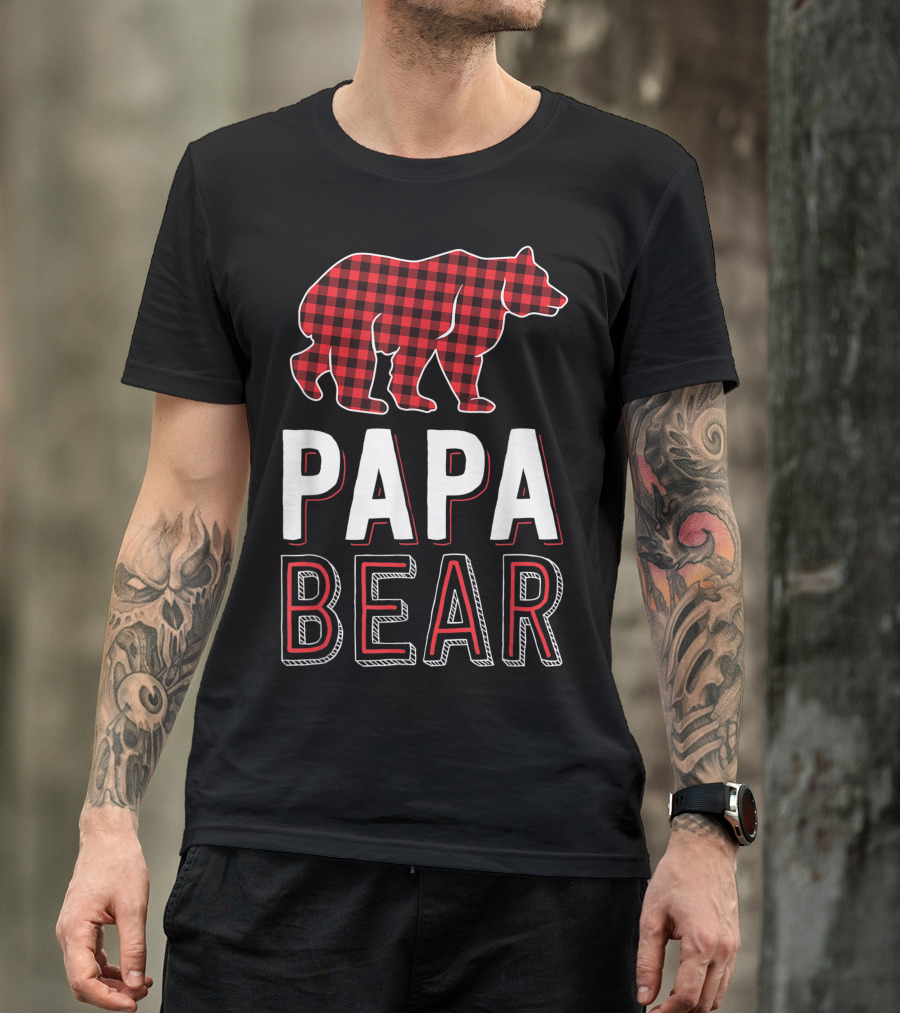 Papa Bear Dad Red Buffalo Plaid Bear T-Shirt
