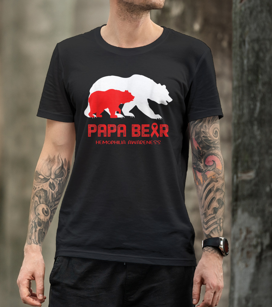Papa Bear Hemophilia Awareness With Red Ribbon And Bear T-Shirt