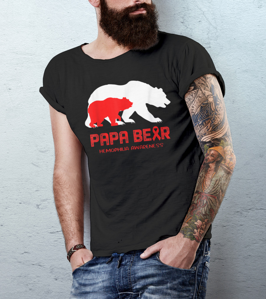 Papa Bear Hemophilia Awareness With Red Ribbon And Bear T-Shirt
