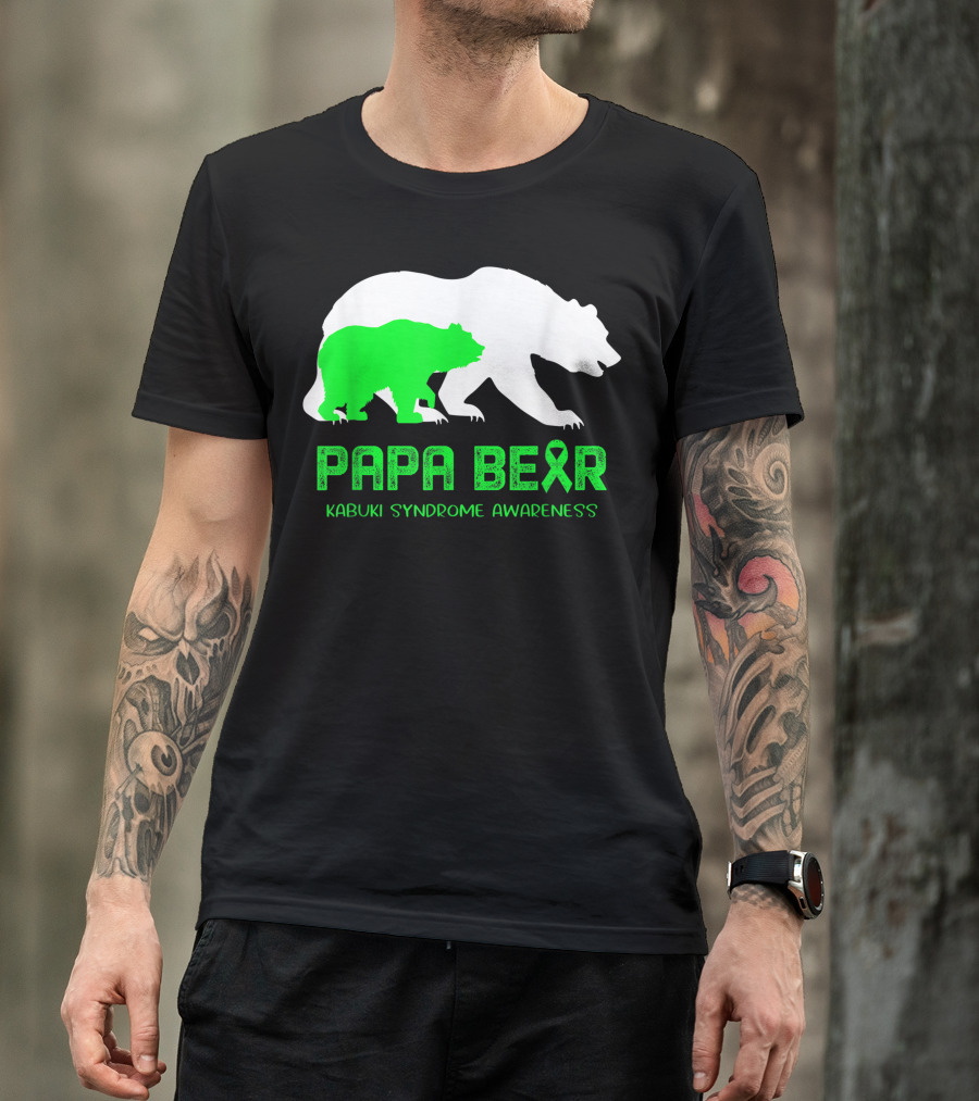 Papa Bear Kabuki Syndrome Awareness With Green Ribbon And Bear T-Shirt