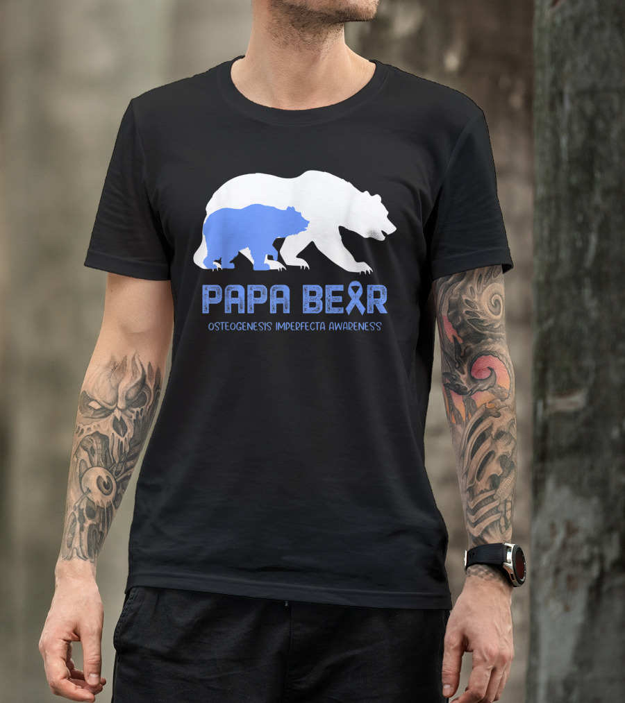 Papa Bear Osteogenesis Imperfecta Awareness With Blue Ribbon Bears T-Shirt