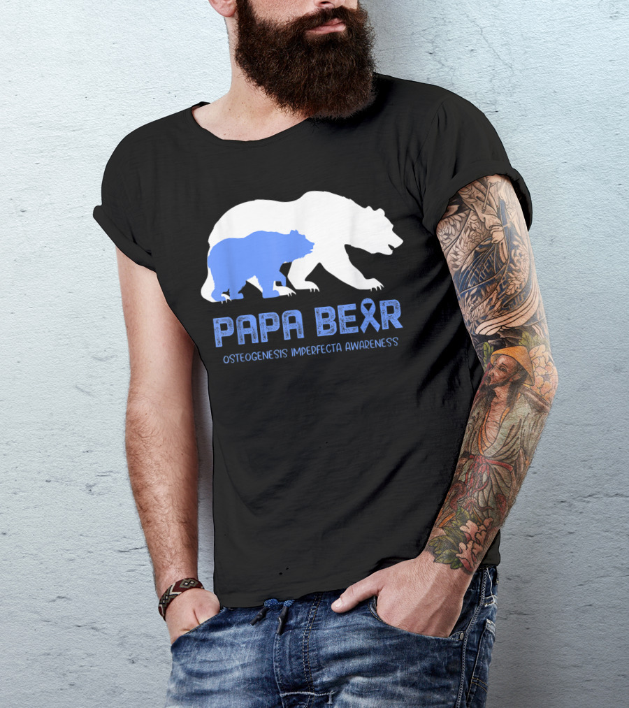 Papa Bear Osteogenesis Imperfecta Awareness With Blue Ribbon Bears T-Shirt
