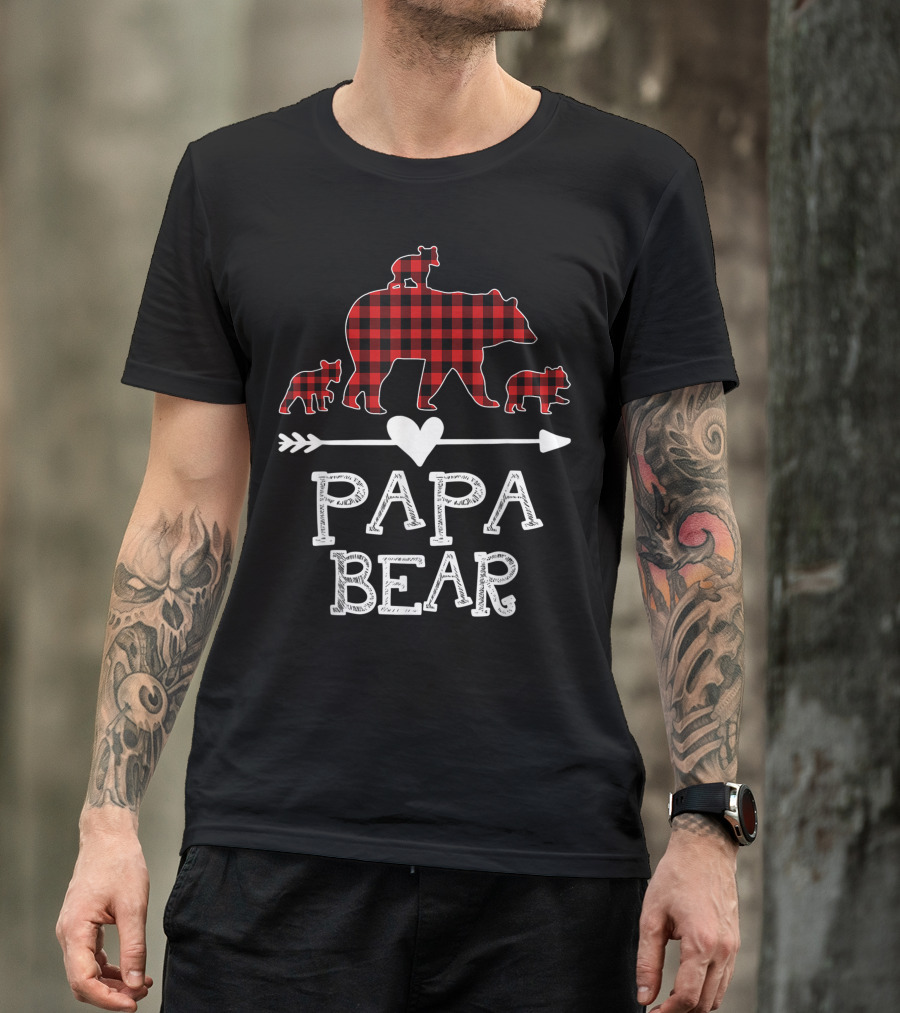 Papa Bear Red Plaid With Three Cubs And Heart Arrow T-Shirt