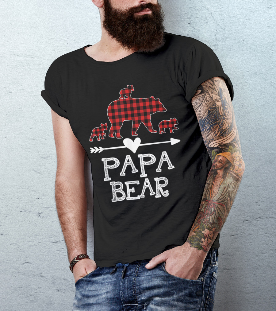 Papa Bear Red Plaid With Three Cubs And Heart Arrow T-Shirt