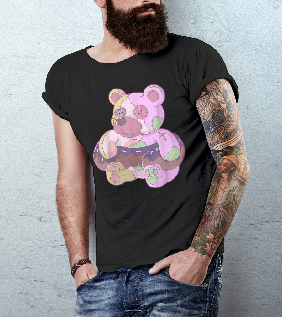 Pastel Goth Teddy Bear With Donut Details And Heart Stitch Aesthetic T-Shirt