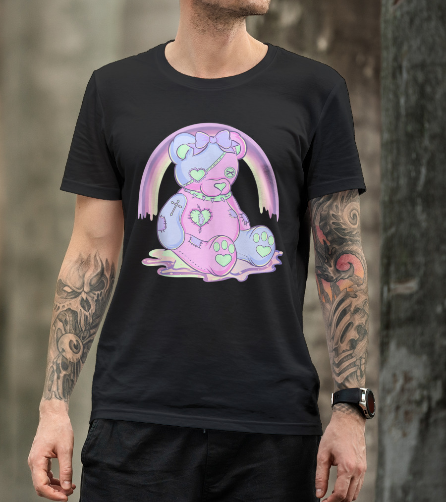 Pastel Goth Teddy Bear Heart Cross Menhera Kawaii Japanese Anime Rainbow Bow 2A T-Shirt
