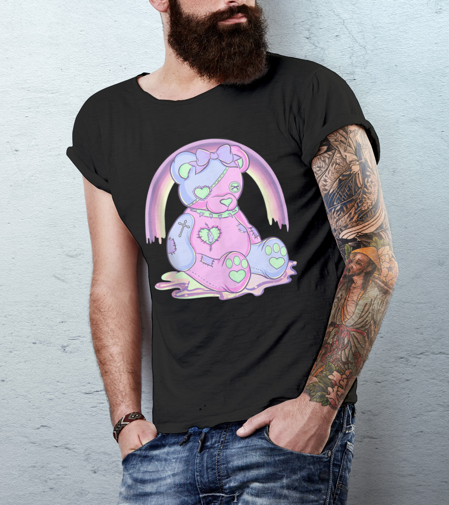 Pastel Goth Teddy Bear Heart Cross Menhera Kawaii Japanese Anime Rainbow Bow 2A T-Shirt