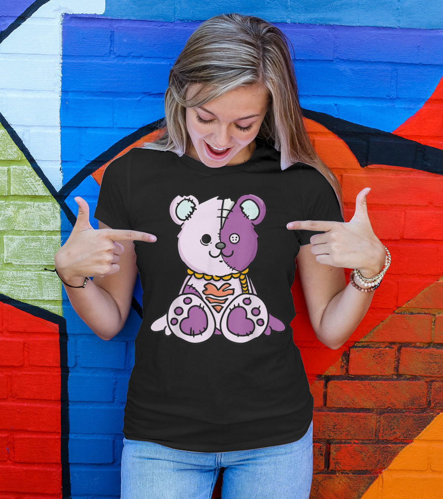 Pastel Goth Patchwork Teddy Bear With Heart And Button Eye T-Shirt