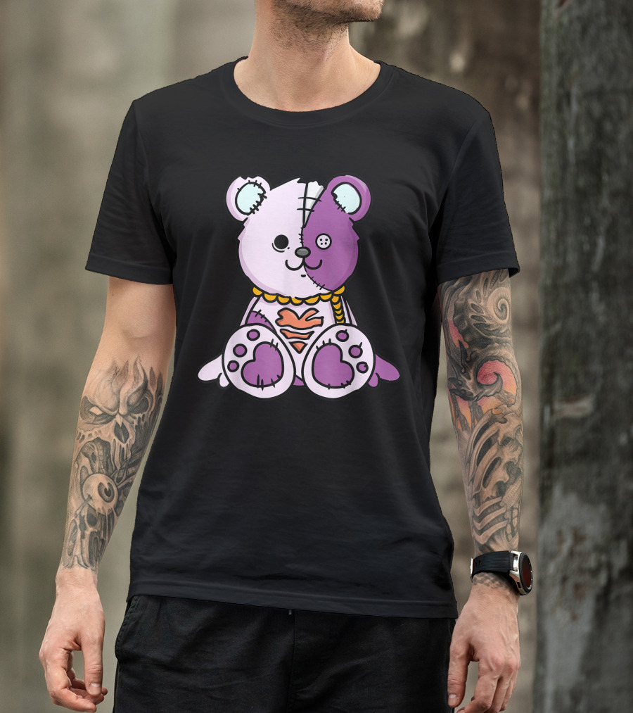 Pastel Goth Patchwork Teddy Bear With Heart And Button Eye T-Shirt