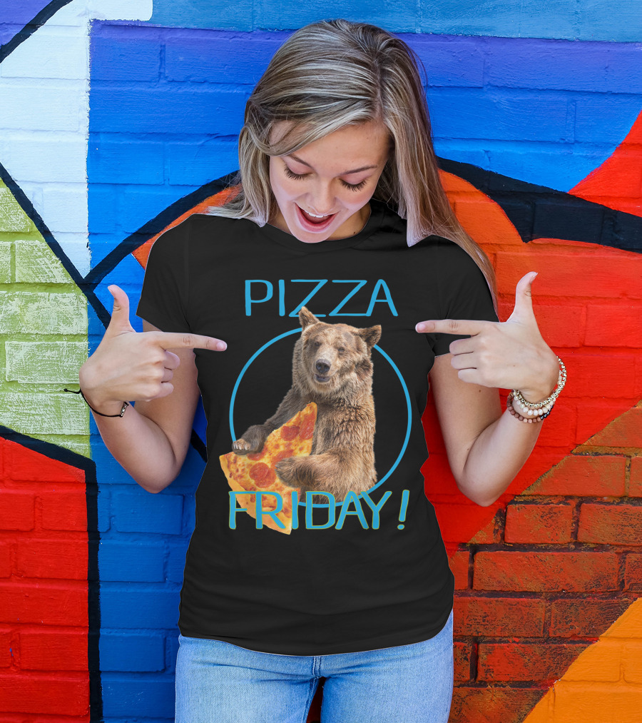 Pizza Friday Bear Humorous Iconic Slice Fun T-Shirt