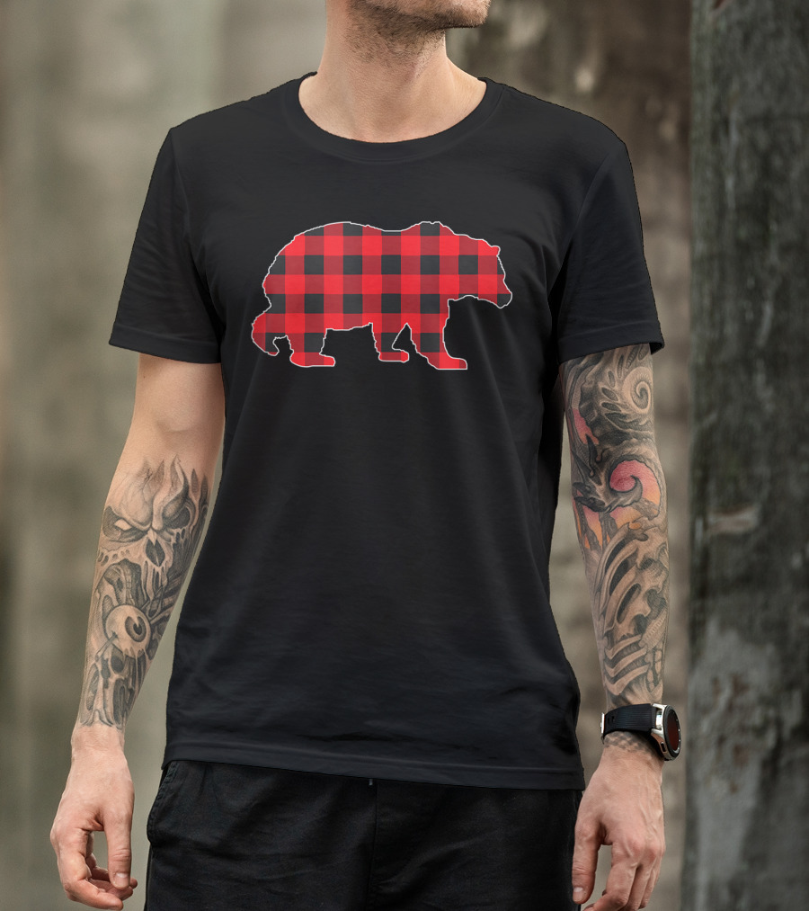 Plaid Bear Red Black Buffalo Plaid Mama Checkerboard Buffalo Bear T-Shirt
