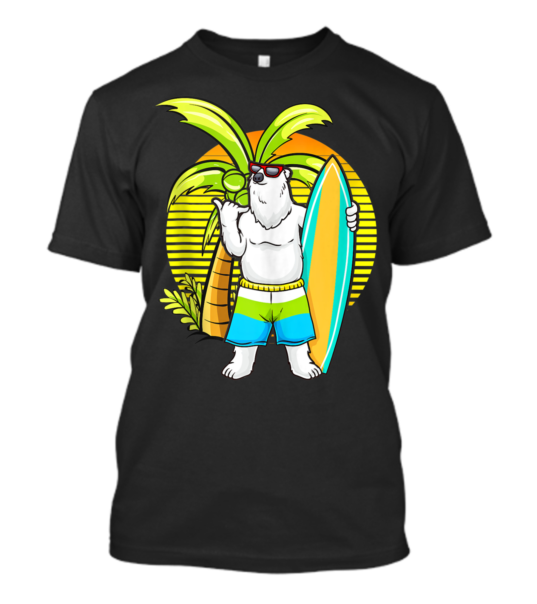 Polar Bear In Sunglasses With Surf Board And Swim Trunks By Palm Tree T-Shirt