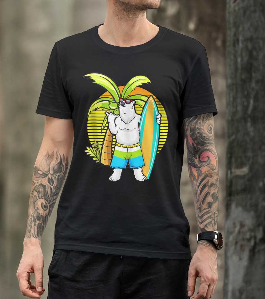 Polar Bear In Sunglasses With Surf Board And Swim Trunks By Palm Tree T-Shirt