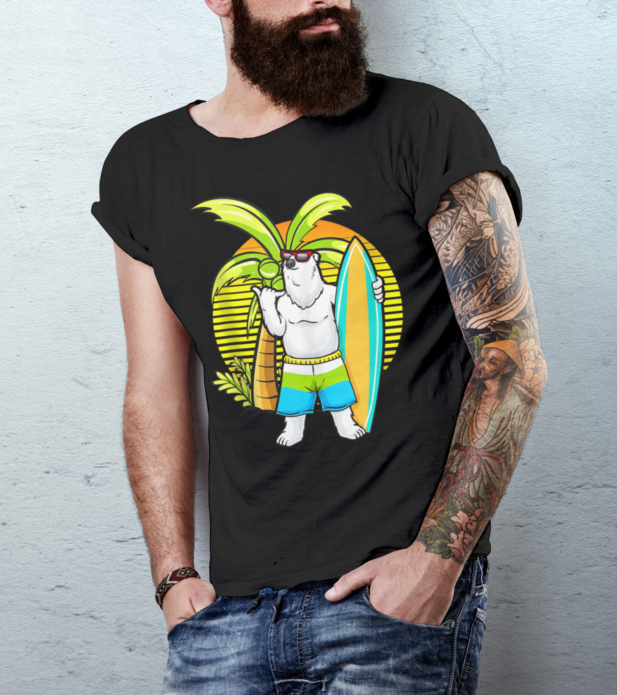 Polar Bear In Sunglasses With Surf Board And Swim Trunks By Palm Tree T-Shirt
