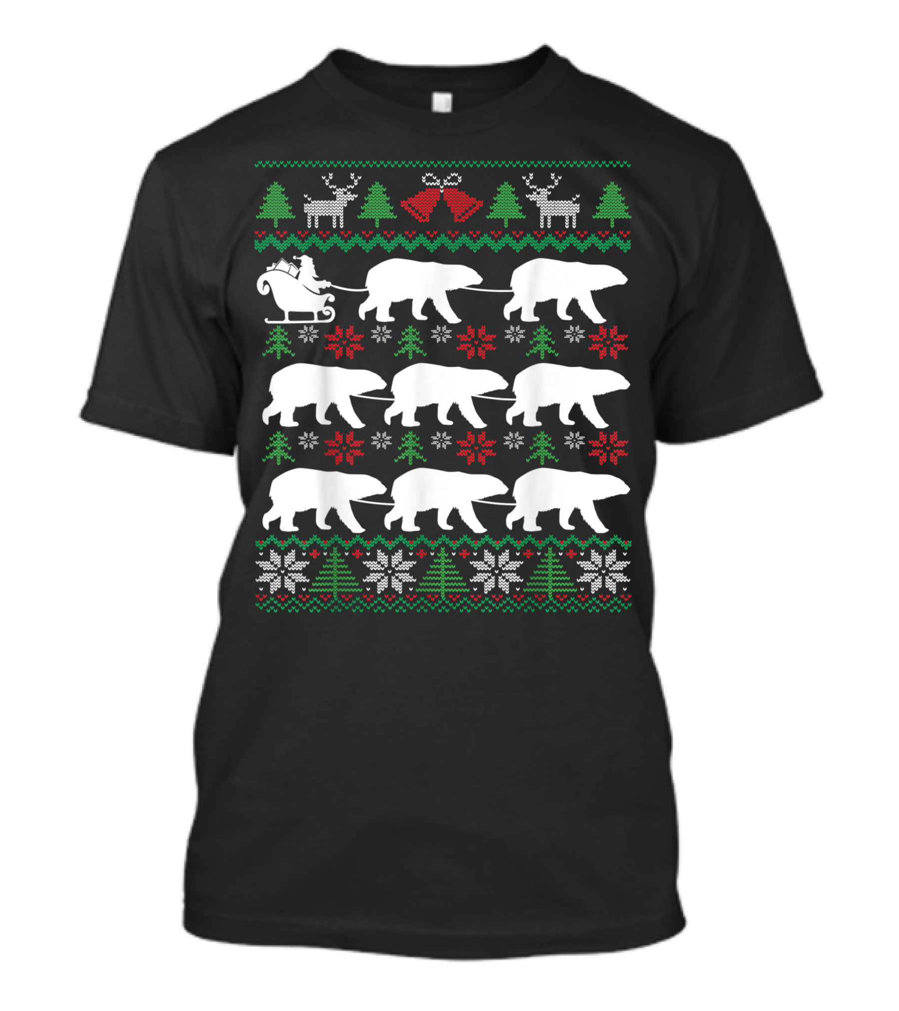 Polar Bears Pulling Santa Sleigh With Christmas Trees And Snowflakes T-Shirt