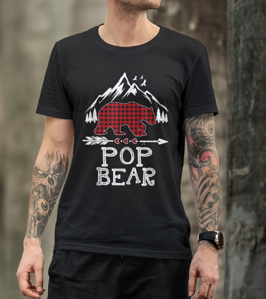 Pop Bear Christmas Red Plaid Buffalo Mountains Family T-Shirt