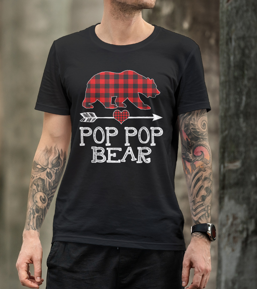 Pop Pop Bear Red Plaid Buffalo Heart Arrow Family Christmas T-Shirt