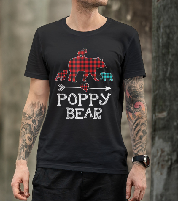 Poppy Bear Red Plaid Heart Arrow Buffalo Family Christmas T-Shirt