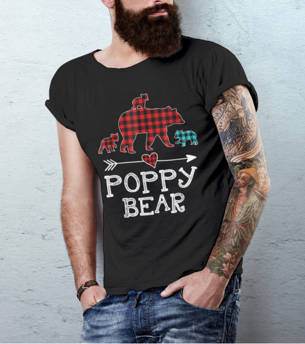 Poppy Bear Red Plaid Heart Arrow Buffalo Family Christmas T-Shirt