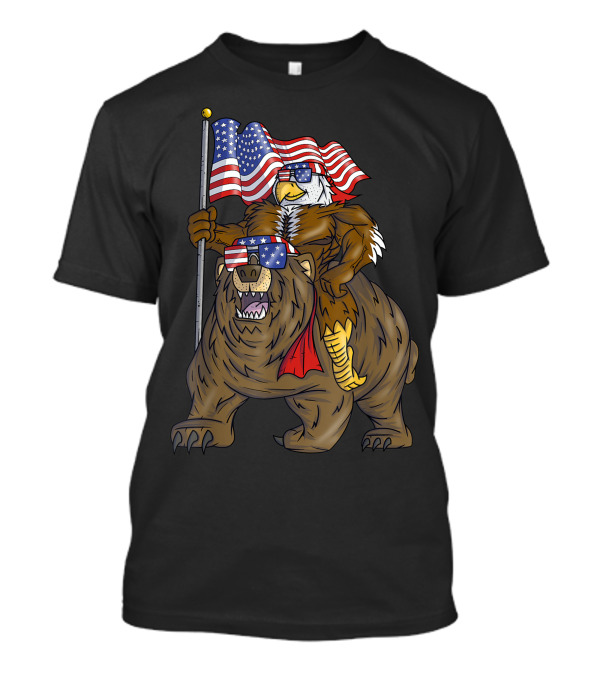Patriotic American Bald Eagle On Bear With USA Flag 4th Of July T-Shirt