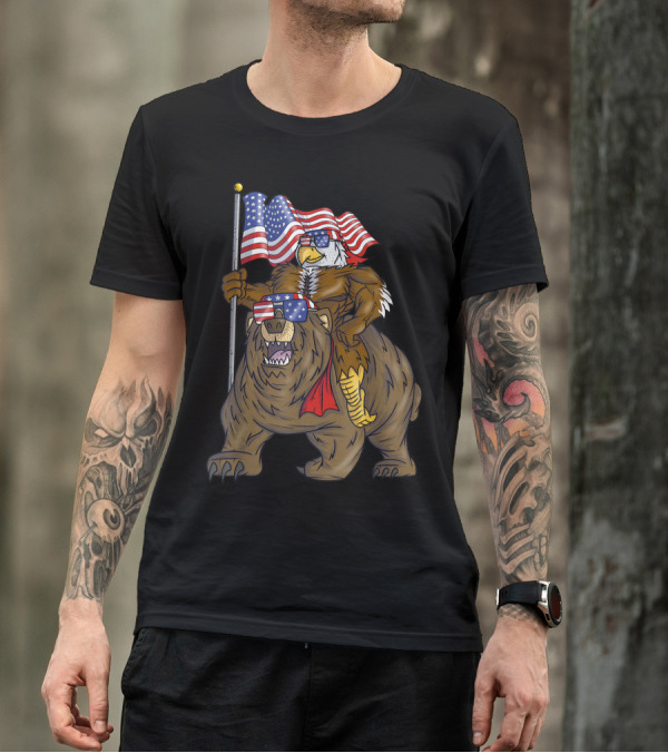 Patriotic American Bald Eagle On Bear With USA Flag 4th Of July T-Shirt