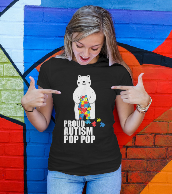 Proud Autism Pop Pop Bear Puzzle Heart Awareness T-Shirt