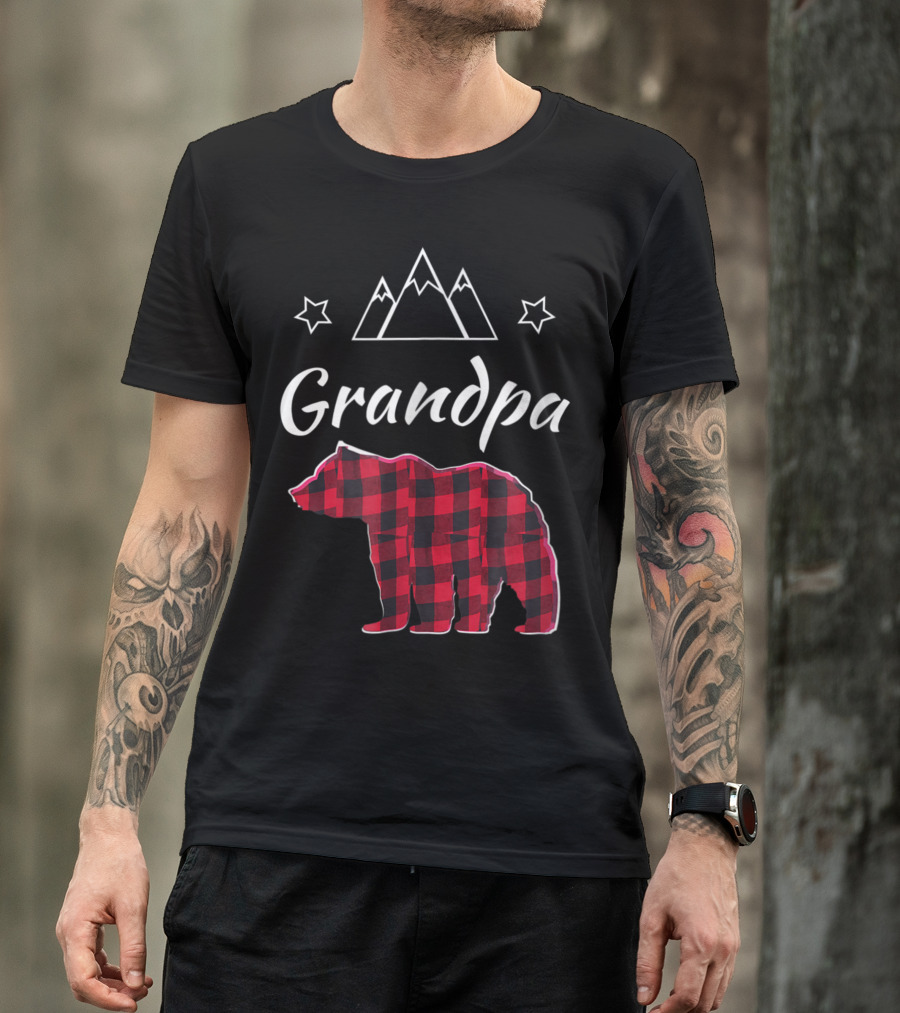 Grandpa Red Buffalo Plaid Bear With Mountain And Stars Elements T-Shirt