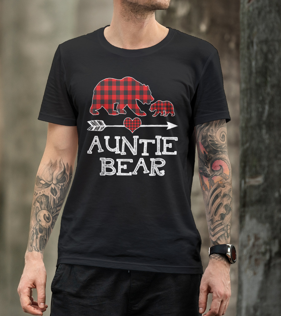 Auntie Bear Red Plaid Buffalo Matching One Cub T-Shirt