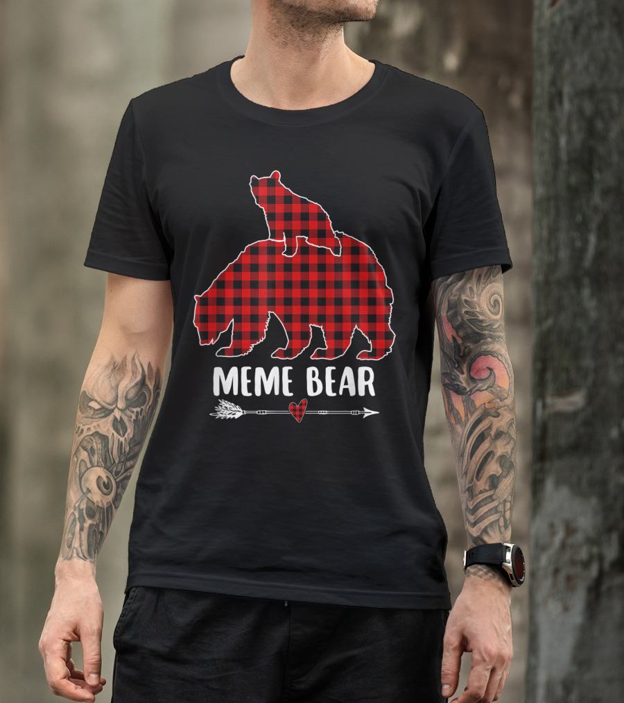 Meme Bear Red Plaid Buffalo Check Silhouette With Arrow And Heart T-Shirt